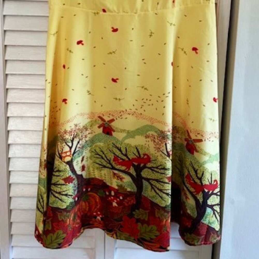 Cutest fall dress in the world, leaves, mushrooms, pumpkins, owl, fox print